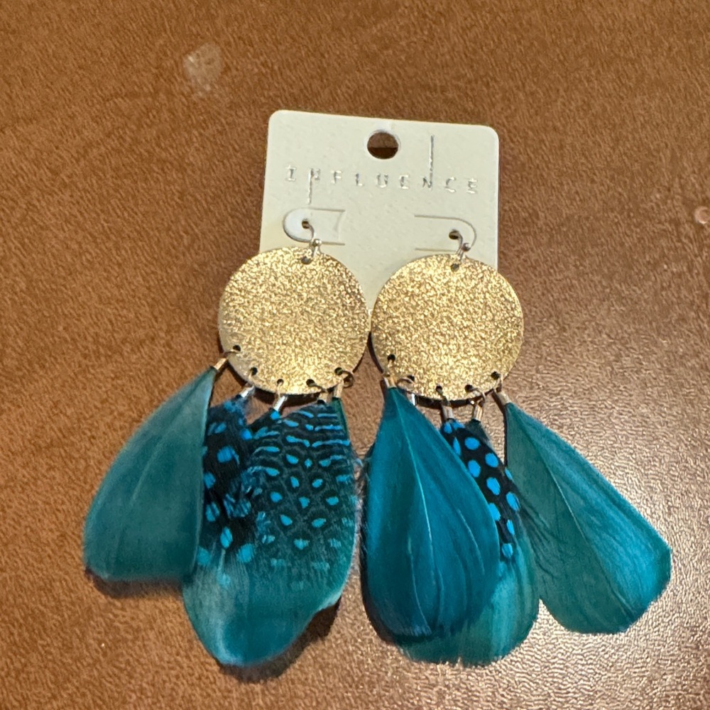 Impressions Turquoise Feather Earrings with Gold Discs